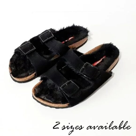 NWOT Unionbay black faux fur faux suede sandals - Picture 1 of 15